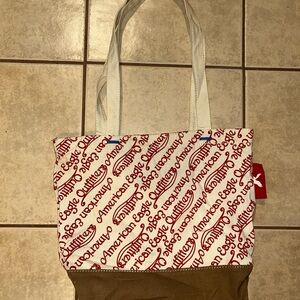 American Eagle Outfitters Ivory Red Allover Logo Cotton Canvas Tote Bag